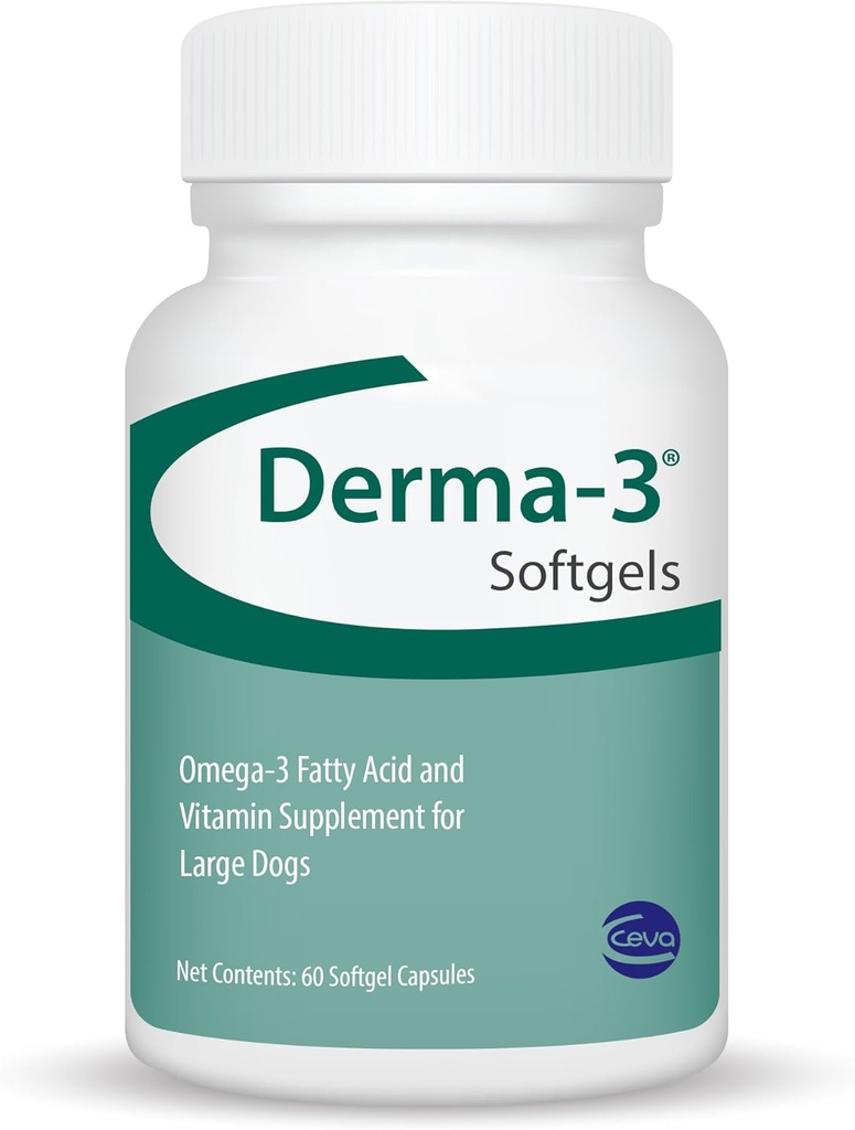 Ceva Derma-3 Softgels, Omega-3 fettsyre og vitamin Supplement for store hunder (60 greve)