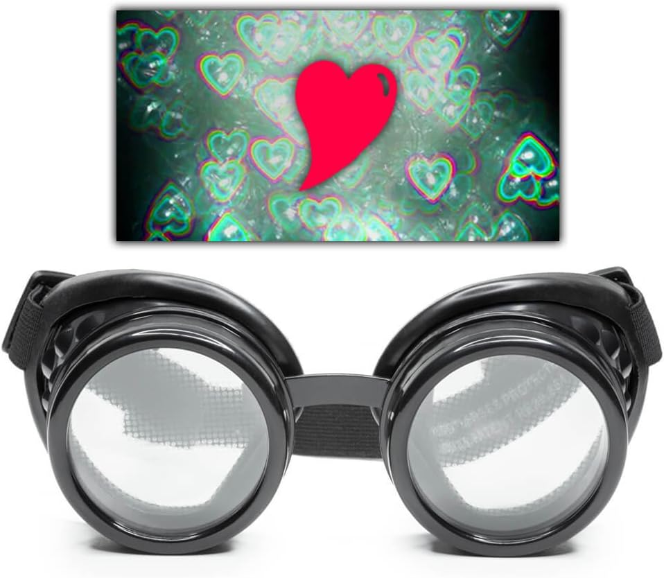 GloFX Black Heart Effect Diffraction Goggles - Se hjerter - 3D Holografisk Visuals Edm Rave Outfit Stempunk Cosplay Music Festival Essential