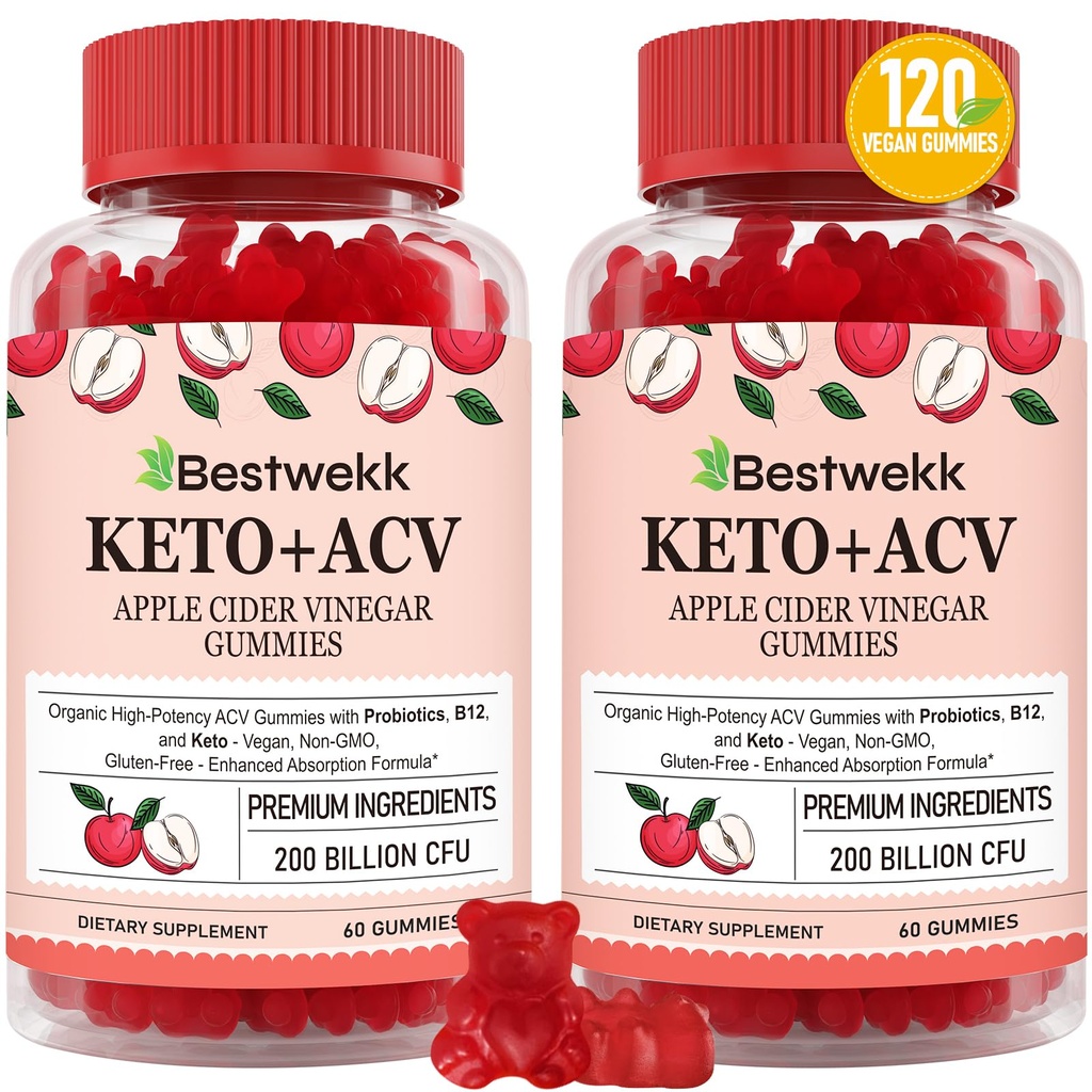 Apple Cider Vinegar Gummies, Maks styrke 2000 mg ACV Gummy med Probiotika, B12 og Keto støtte, For digestion, Metabolisme, Detox, Gut & Immune Health, Gelatinfri, Ikke-GMO, 120 keto acv gummi