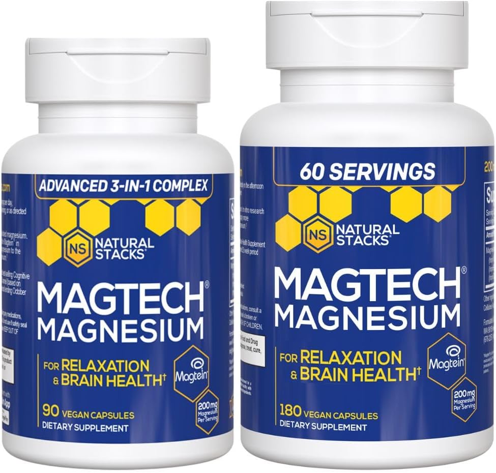 Naturlige Stacks Magtech Magnesium Verdi Bundle - 3 Former av Magnesium - Med Magtein L-Treonate - Støtter avslapning og hjerne helse* - 270 Totale kapsler