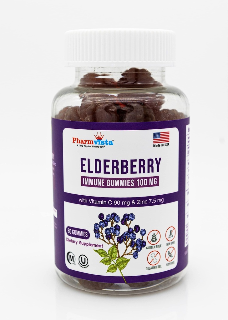 Elderberry Gummies 100mg med vitamin C og sink - Immun Support, Glutenfri Gummies med 7% Antoycyanin - 60 greve