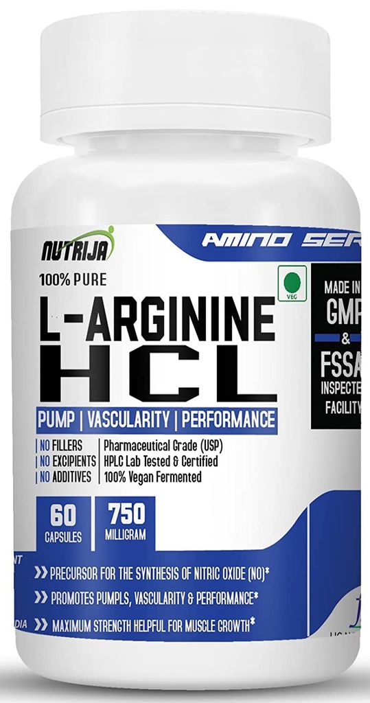 L-Arginine HCL Kapsler - Høyeste biotilgjengelighetsform av L-Arginine | Maksimal styrke, Nitric Oxid Precursor (120 Kapsler)