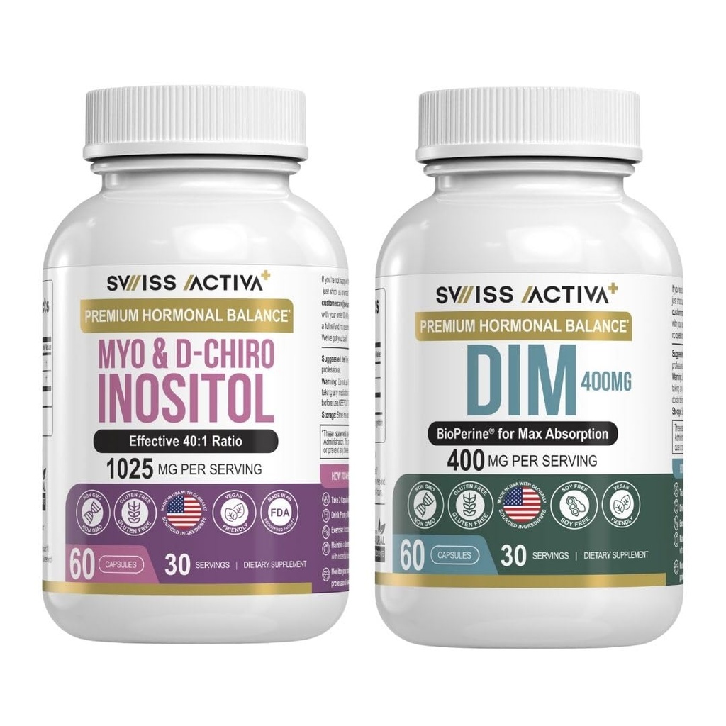 Sveitsisk Activa+ DIM & Myo-Inositol Bundle – Hormon Balance & PCOS Støtte for kvinner – Menstruell syklus, Mood, Estrogen og Ovarian helse – 60-dagers forsyning