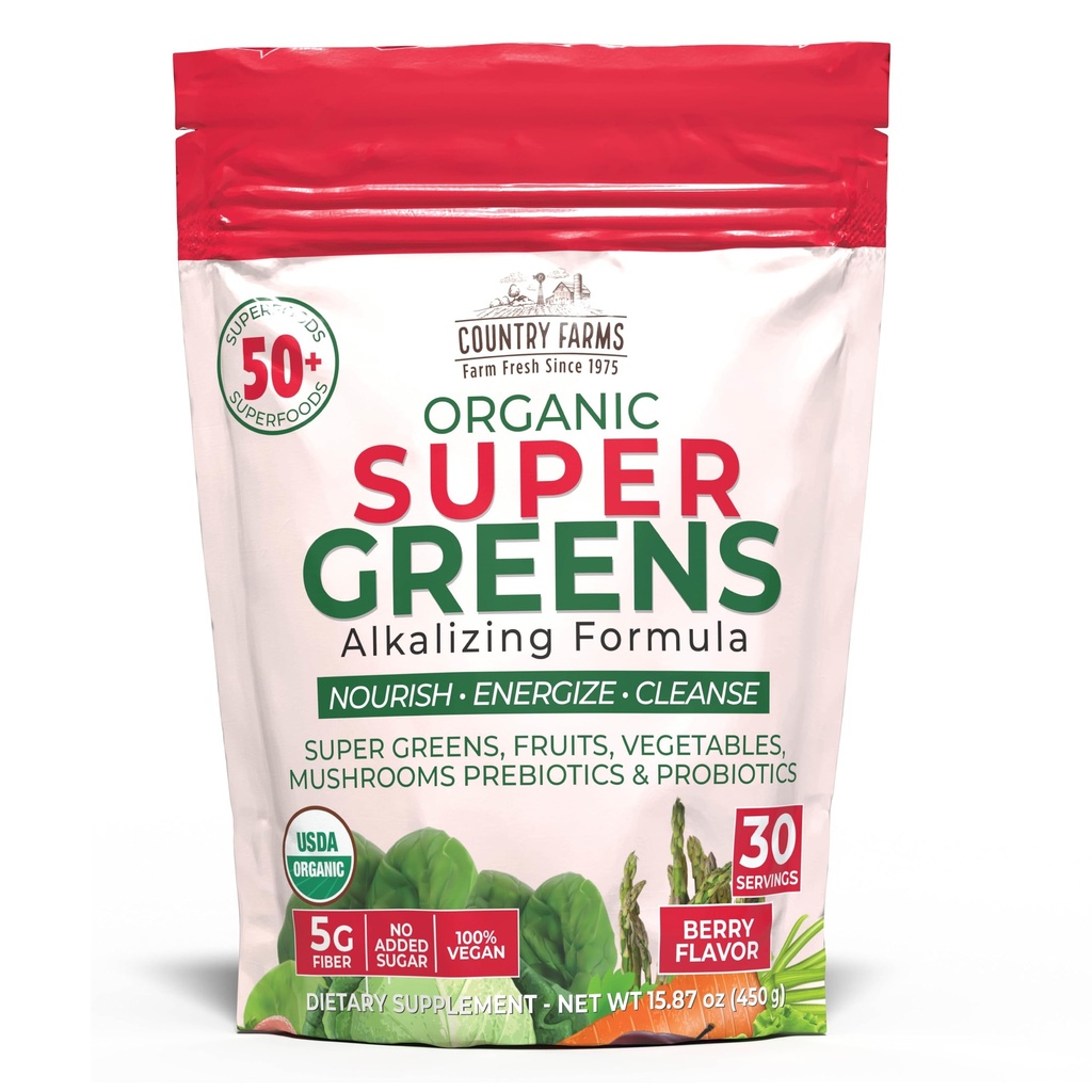 Country Farms Super Greens Berry Flavor, 50 økologiske supermatvarer, USDA økologisk drikkblanding (kvinnekorn, Spirulina, Chlorella) Mushrooms & Probiotika, med Fiber, Gut helse, naturlig energi, 30 Services