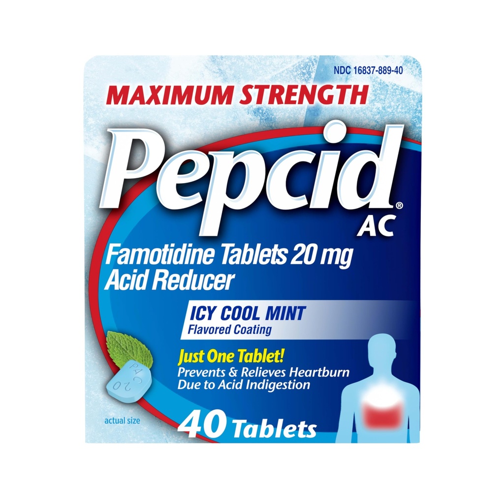 Pepcid AC Maksimal styrke Heartburn Relief Tabletter, OTC medisin hindrer og lindrer Heartburn på grunn av syreødem & Sour Mage, 20 mg Famotidinsyre Reducer, ICY Cool Mint, 40 ct