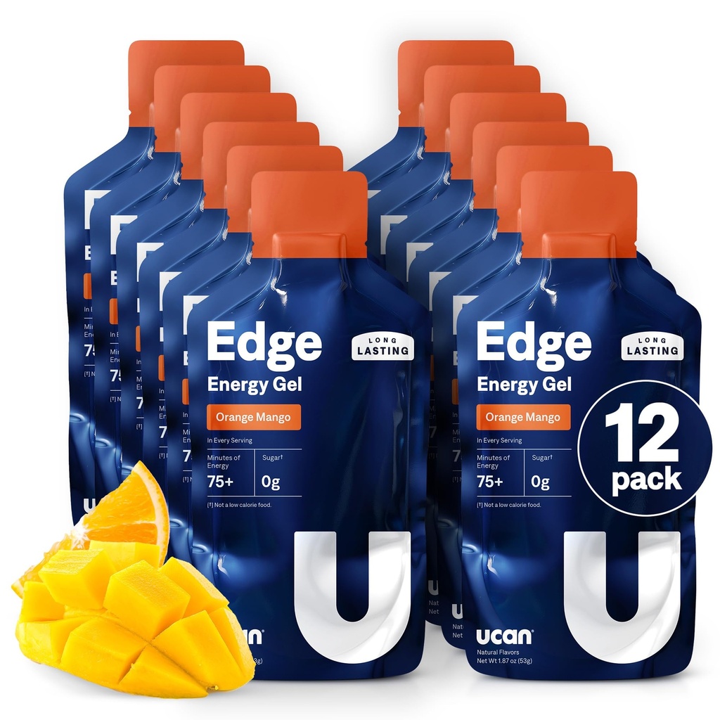 UCAN Edge Energy Gel Shots, Orange Mango (12, 2 Ounce Packets) for løping, trening, trening, trening, trening, sykling, crossfit, sukkerfri, vegansk, og ketovennlig energi