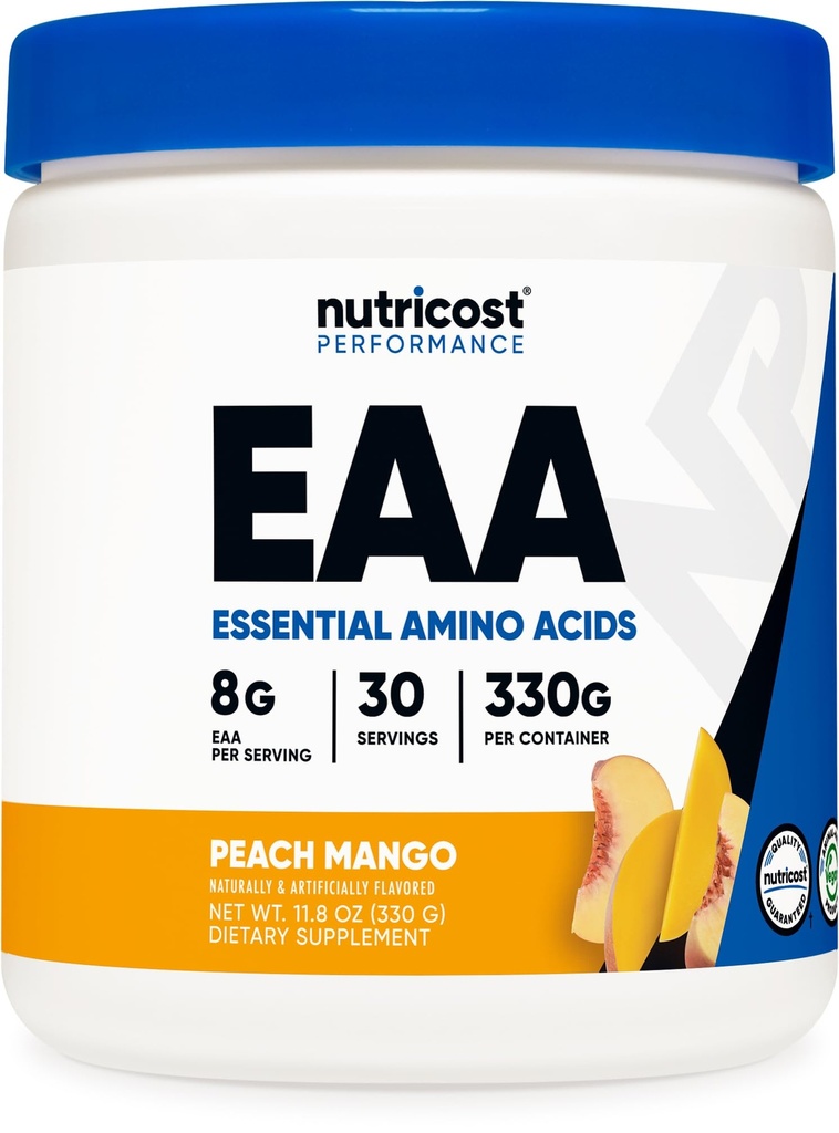 Nutricost EAA pulver 30 serveringer (Peach Mango) - essensielle aminosyrer - Ikke-GMO, Glutenfri, Vegetarvennlig