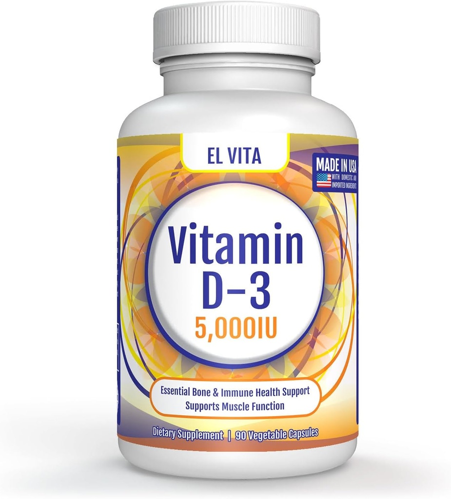 90 grønnsaker kapsler vitamin D. D3 5000IU (125 MCG) høy styrke immun støtte kosttilskudd. Sunn muskel gjenoppretting avansert. Ikke-GMO Formula