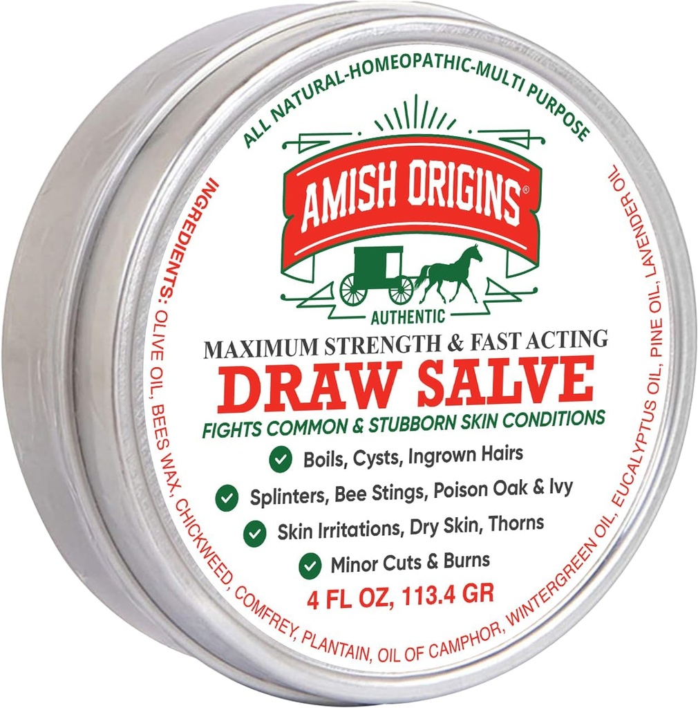 Amish Origins Tegning Salve Ointment, 4 oz Maksimal styrke raskt fungerende tegne salve for splinters, Boil, Bee Stings, Cyst, Anti-Itch krem, laget i USA
