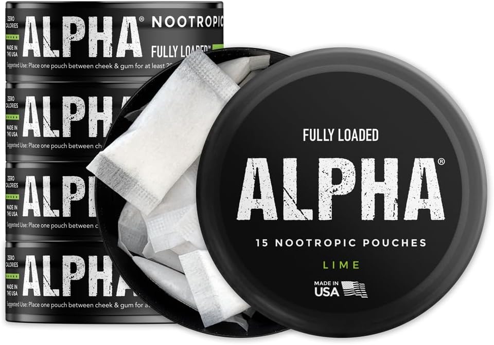 Fullstendig lastet Alpha Nootropic Pouches (Lime) - 5 kanter - 15 poser per boks - Effektiv Nootropic Delivery, Nic Pouch erstatning - raskere absorpsjon, Alpha GPC, L-Tyrosin, GABA
