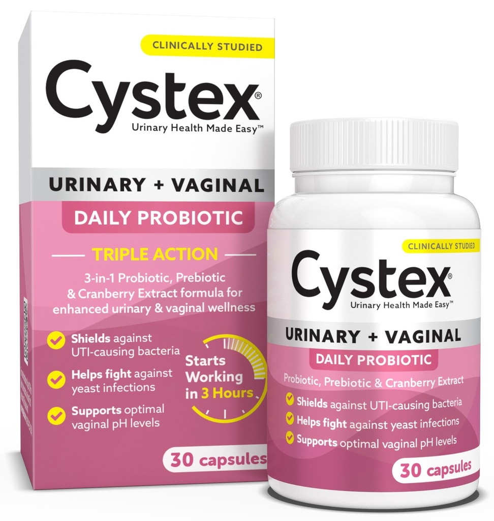 Cystex 3-i-1 urinveistrakt probiotikum for kvinner - Hurtigutførelse av UTI & Yeast Infeksjon Support med prebiotika, probiotika og tranebær - støtter Vaginal pH & Flora Balance - 30 Kapsler