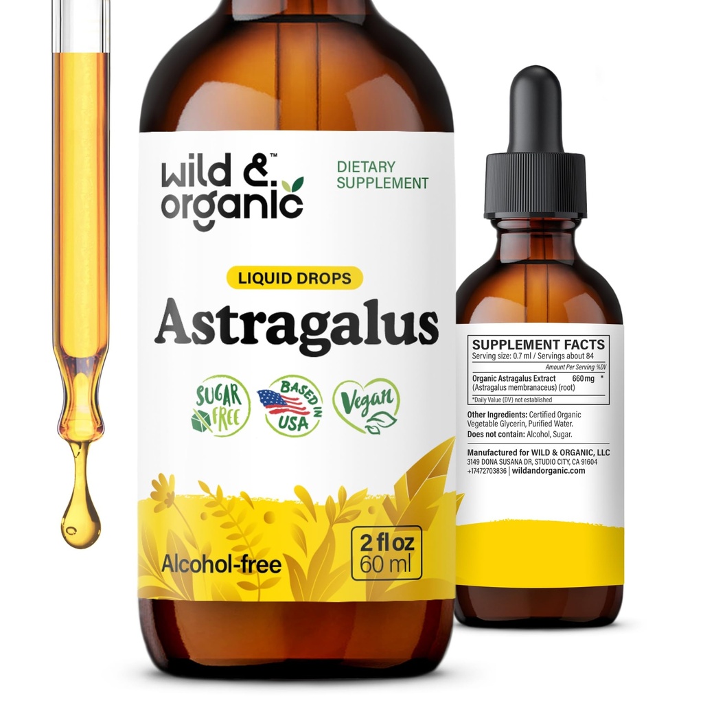 Wild & Organic Astragalus Tinktur - Immunstøtte Drops m / Astragalus Root Extract - Herbal Supplement for ro og avslapning - Vegan, Sukker & Alkohol Gratis - 2 fl oz