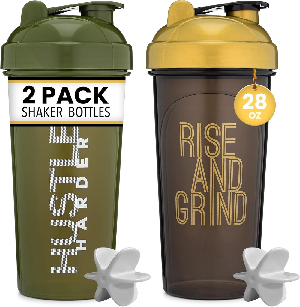 [2 Pack] 28oz Shakerflaske med Motivasjons sitater (svart/Gold & Moss) | Protein Shaker Flaske med blander Agitatorer | Blender Shaker Flaske for Protein Mixes Pack er BPA gratis og oppvaskmaskin trygt