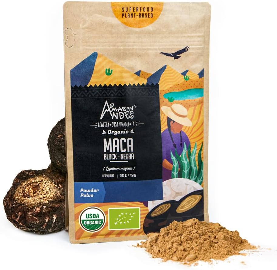 Andes Black Maca Root Powder (Lepidium meyeni) - inneholder karbohydrater og mineraler - Adaptogen superfood & Helse Promoter - Gelatinisert, Vegansk, Ikke-GMO & Allegen-fri - 7 Ounce (40 Services)