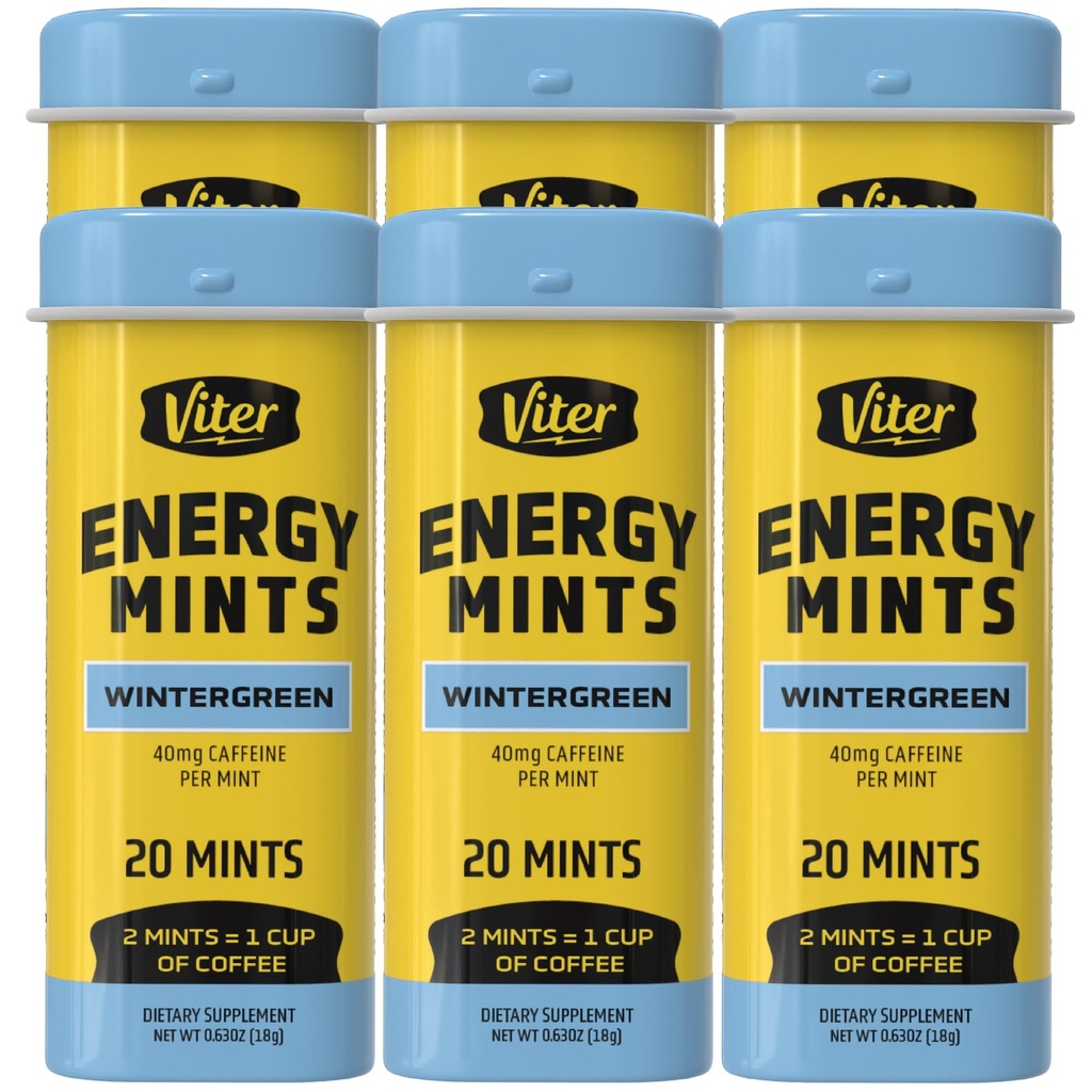 Viter energi Koffeinerte mynter 40 mg koffein, B vitaminer, sukkerfri. (Wintergreen, 20pcs, 6 Pack)