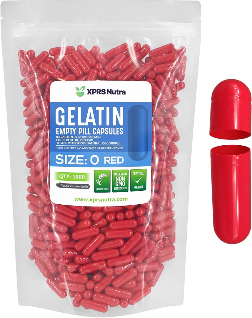 XPRS Nutra Størrelse 0 tomme kapsler - 1000 telle tomme gelatinkapsler - piller DIY Capsule Fylling - ren Bovine piller Gel Caps for Do-It-Selv Supplements (rød)