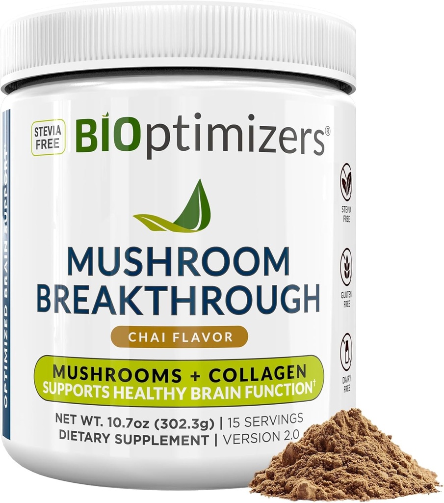 BIoptimizers Mushroom Kaffe alternativ – Chai Drink - Lions Mane, Chaga, Reishi + Collage Peptides for fokus, energi og gut helse – Adaptogene Mushrooms & MCT pulver – 15 Serveringer