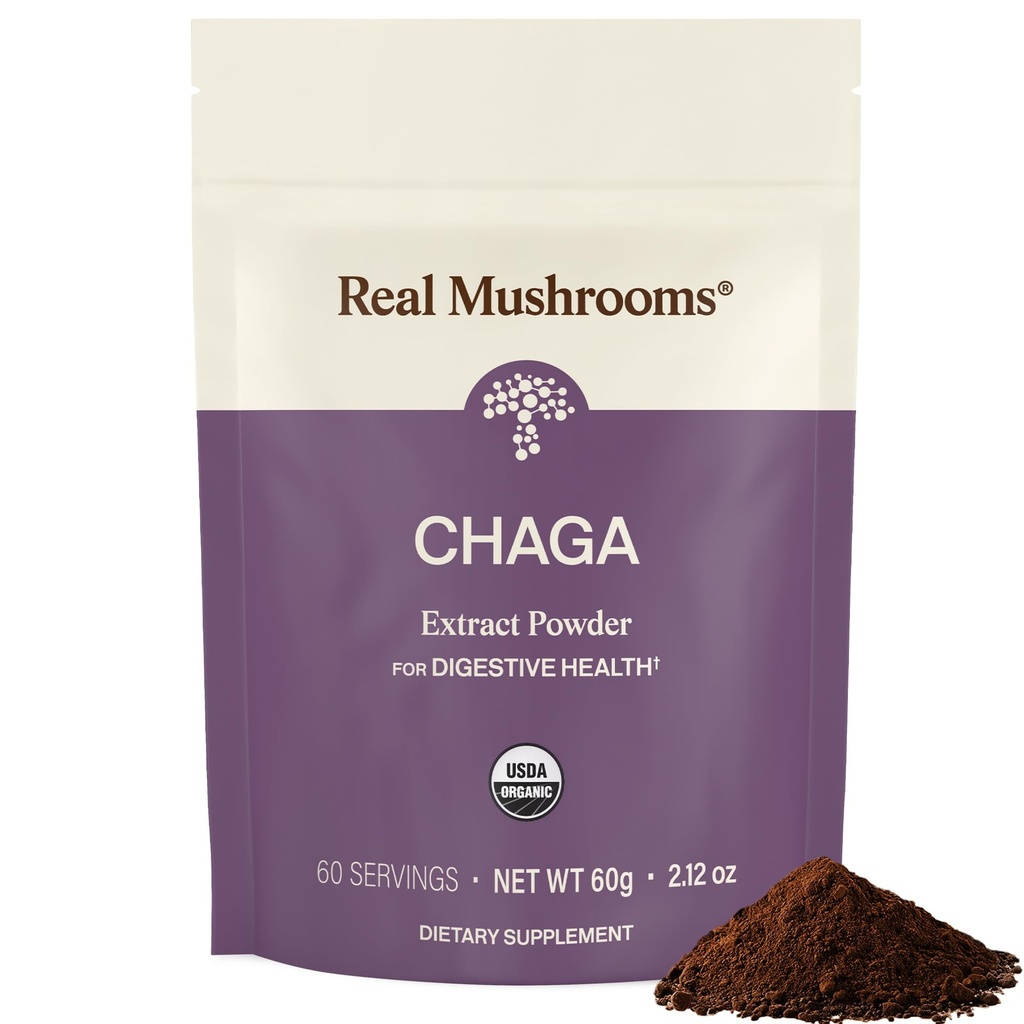 Ekte Mushrooms Chaga Mushroom Powder - Organisk Chaga Ekstrakt fra fruktekroppen - for daglig velvære og energistøtte - Vegan, ikke-GMO, 60 Services Mushroom Supplement