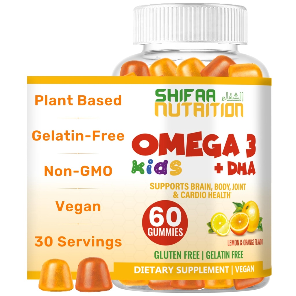 SHIFAA NUTRITION Halal Omega 3 for barn med DHA Gummies for hjerneutvikling, hjerte og immun støtte, plantebasert, ikke-GMO, algae-basert DHA, Gluten & Gelatin-fri barn Omega 3 Gummies, 30 serveringer