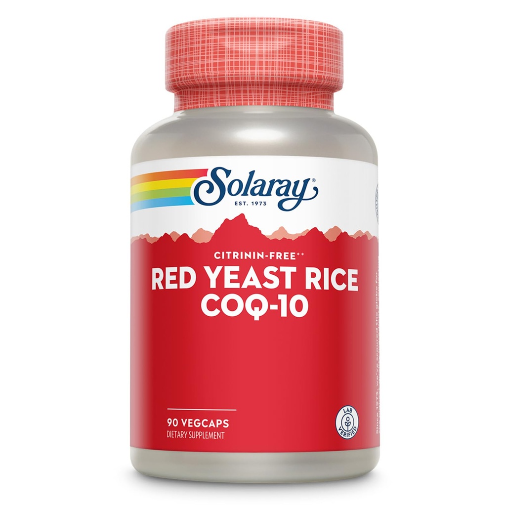 SOLARAY Red Yeast Rice Plus CoQ-10 & No-Flush Niacin Vitamin B-3, Sunn hjerte & kardiovaskulær støtte, ikke-irradisert og citrinfri, 60 dagers pengene tilbake garanti, 90 serveringer, 90 Vegkaps