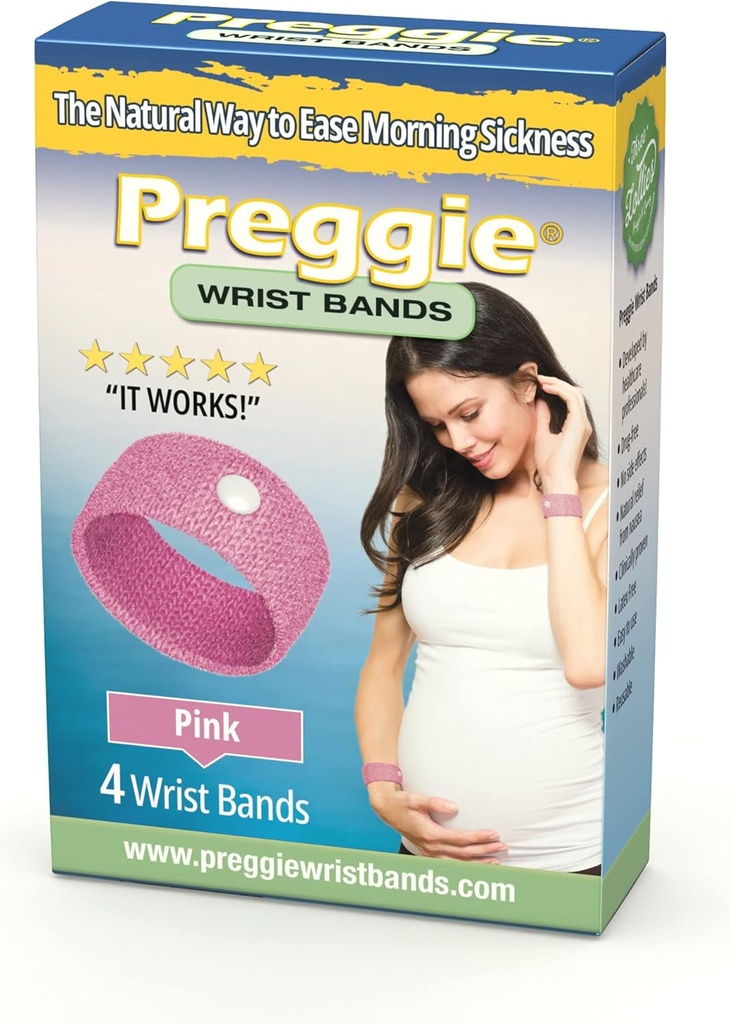 Preggie Anti-Nausea Wristbands – Morgensykhet Relief – klinisk testet kvalme Relief Aid - Graviditetssykhet Relief - Acupressure Wristband - Bivirkningsfri - 2 par, sett av 4 bånd - Pink