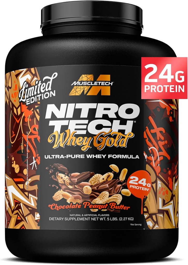 MuscleTech Whey Protein pulver (Chokolate Peanut Butter, 5LB) - Nitro-Tech Whey Protein Isolate Smoothie Mix for Lean Muscle & Fast Recovery - 24g Whey Gold Protein for kvinner og menn - Glutenfri