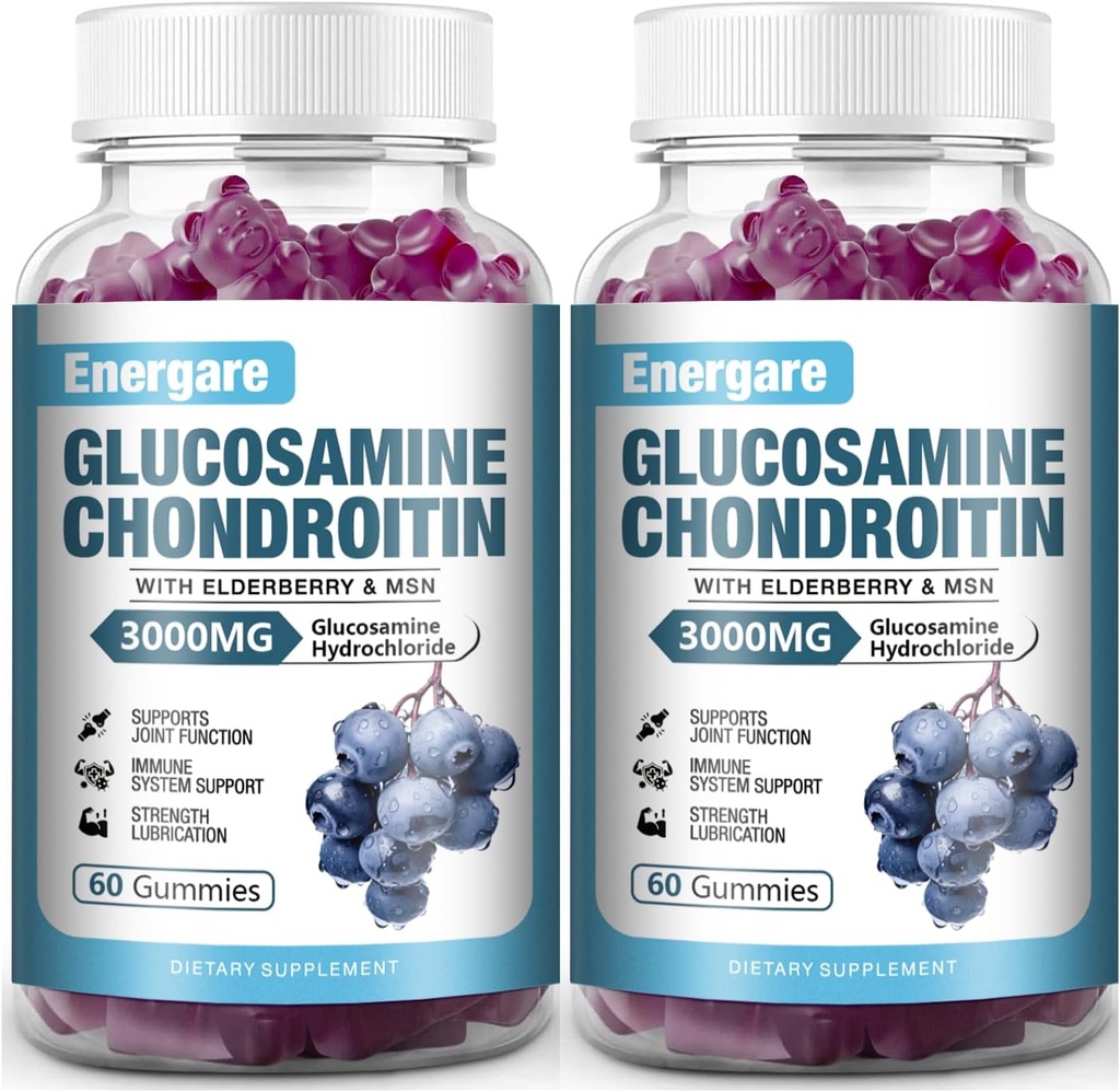 2 Pakke 3000mg Glukosamine Chondroitin med MSM Gummies & Elderberry, Ekstra styrke felles støtte Helse, Fleksibilitet, Antioksidant, Immuntilskudd Gummi for voksne, Menn og kvinner 120 greve