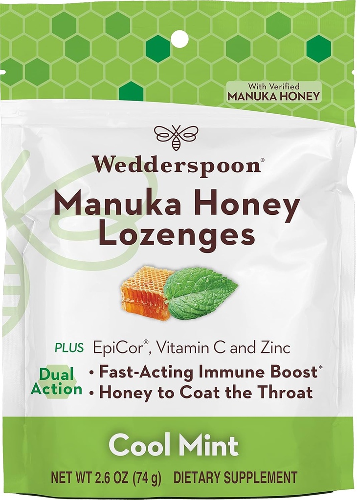 Wedderspoon Manuka Honning Immunitet Lozenges, Cool Mint, 2.6 Oz (Pack of 1), Ekte New Zealand Honning, Økt immunitet innen to timer