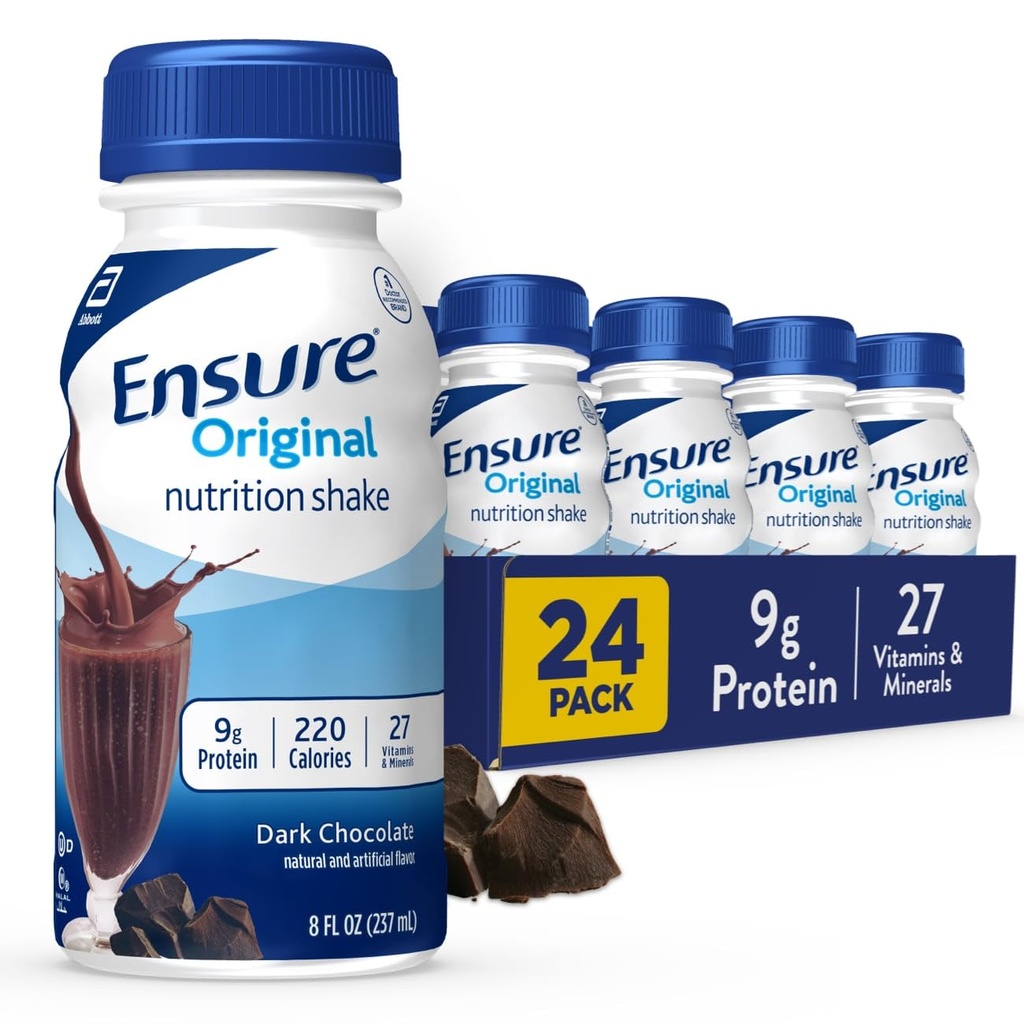 Sikre opprinnelig mørk sjokolade Ernæringshake | Småmåltid Erstatningsshake | Klar til å drikke | 9g Protein, 27 Vitaminer og mineraler | 8 fl oz - 24 Pack