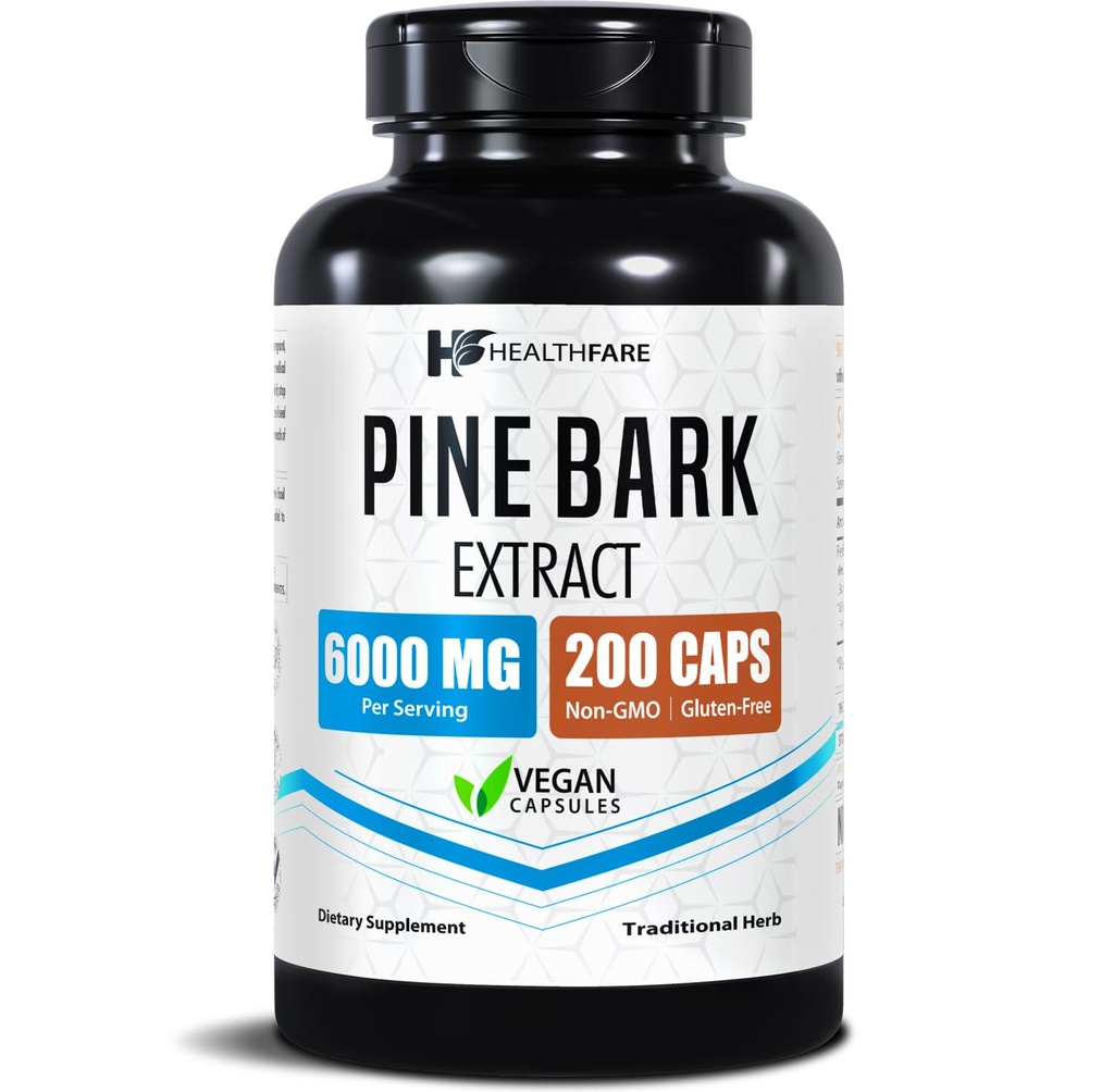 Healthfare Pine Bark Extract 6000mg Fransk Maritime | 200 Vegan Kapsler | Standardisert 95% OPC Proanthocyanidins | Antioksidant Herbal Supplement | Ikke-GMO, Glutenfri | laget i USA