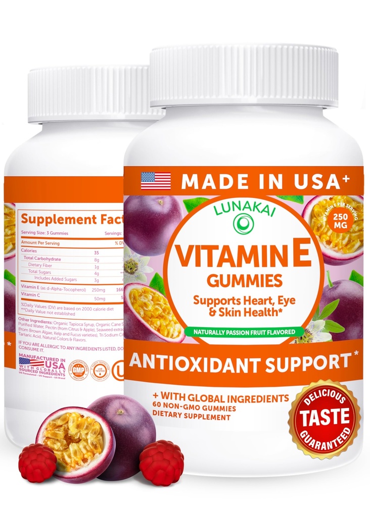Lunakai USA laget vitamin E Gummies 400IU med vitamin C - Delicious, Vegansk, ikke-GMO Supplement for daglig hud & øye støtte, 60ct