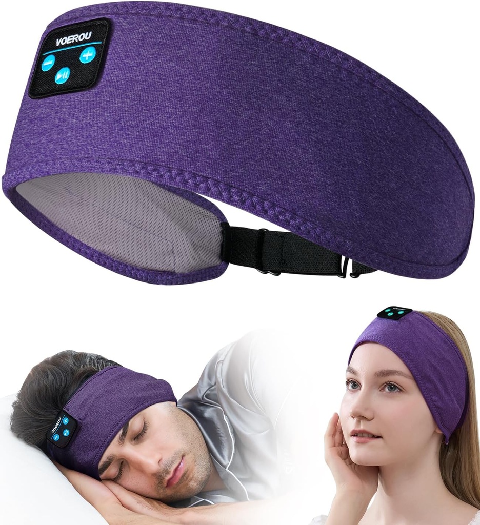 Voerou søvn hodetelefoner Bluetooth hodebånd - Justerbare trådløse sports sove hodetelefoner med oppgradert batteri, tekniske gaver for menn kvinner side sovende kontor Nap, reise, yoga, trening, meditasjon