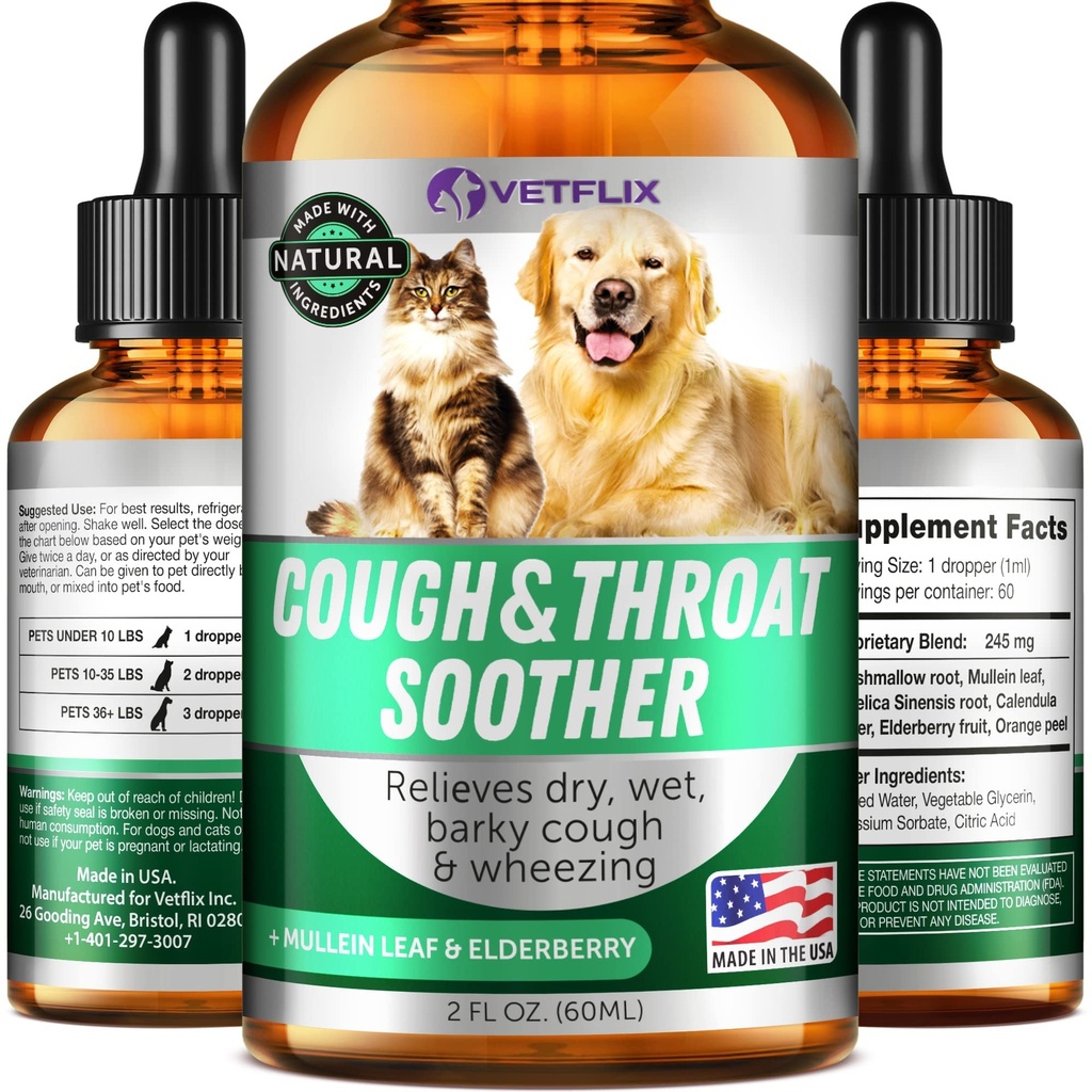 Kennel kyrkjebehandling for hunder og katter - laget i USA - Hundeallergi & Cat Astma Relief - Mullen Leaf & Elderberry Blanding - Tørr, våt og Barky Cough Relief for hunder & katter - Alle avler og størrelser - 2 fl Oz