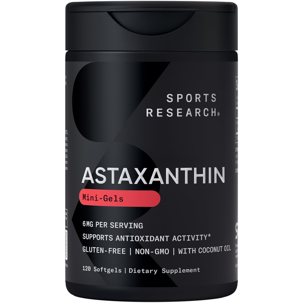 Idrettsforskning Trippel styrke Astaxanthin Supplement (6mg) med økologisk kokosolje for antioksidant aktivitet, hud og øye helsestøtte - Ikke-GMO Verifisert og Glutenfri - 120 Softgels