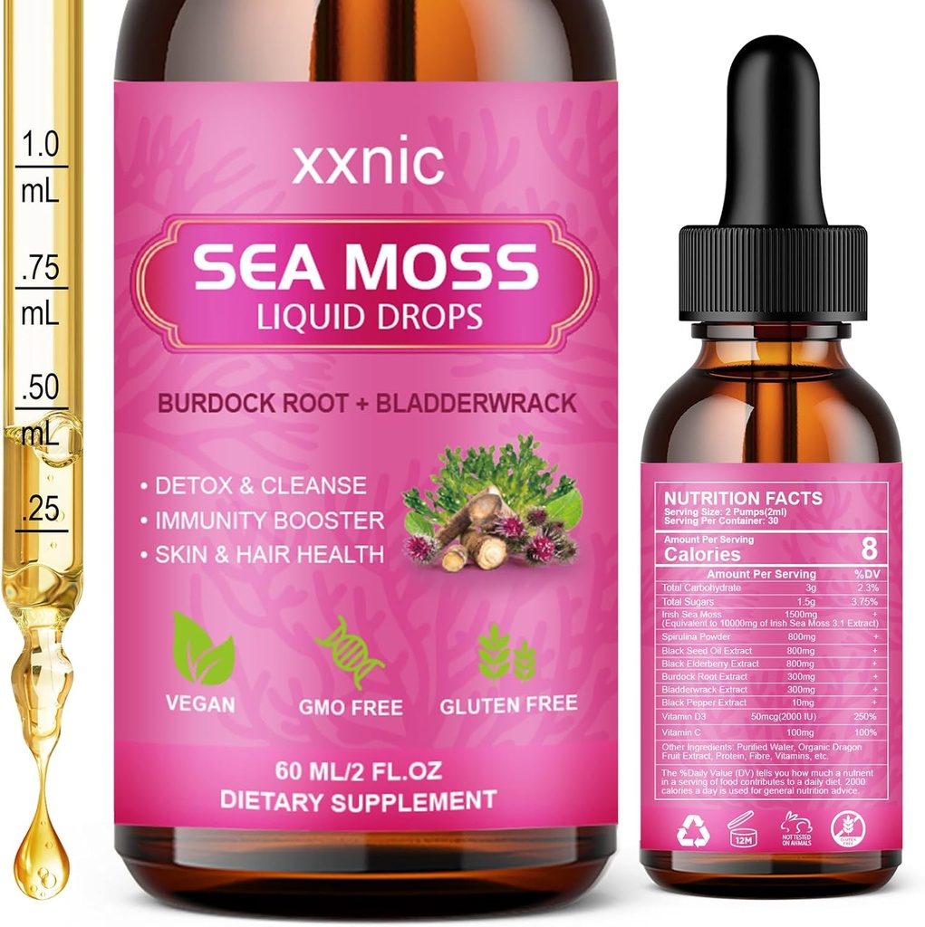 Sea Moss Avanserte flytende dråper, 3000 mg organiske hav Moss flytende med svart frøolje og irsk seamoss Gel, Raw Sea Moss støtte immunitet, Joint, Digestive Helse, 60ml-L8