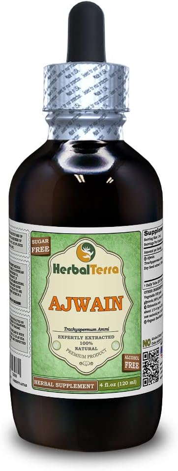 Ajwain (Trachyspermum ammi) Glyceritt, organiske frø alkoholfri flytende ekstrakt (merkenavn: HerbalTerra, stolt laget i USA) 4 fl.oz (120 ml)