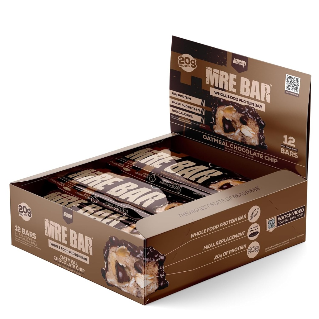 REDCON1 MRE Protein Bar, havregryn sjokolade chip - Inneholder MCT olje + 20g hele mat Protein - lett digestible, Macro balansert lav sukker måltid erstatning bar (12 Bars)