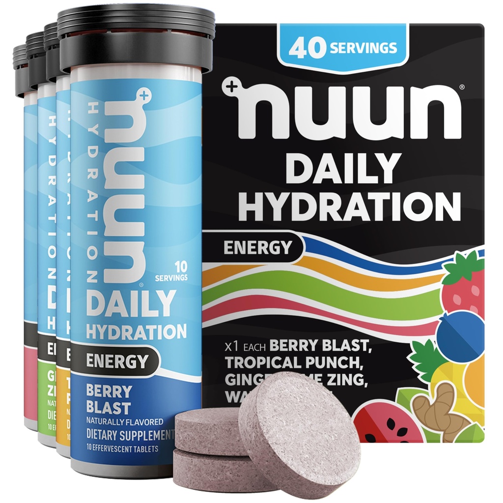 Nuun Energy Electrolyte Tabletter med Ginseng, Koffein fra grønn te ekstrakt, vitamin B12, B6, B5, Magnesium & 4 Andre Electrolyter, Glutenfri & Vegansk, Blandet Flavors, 4 Pack (40 Serverer totalt)