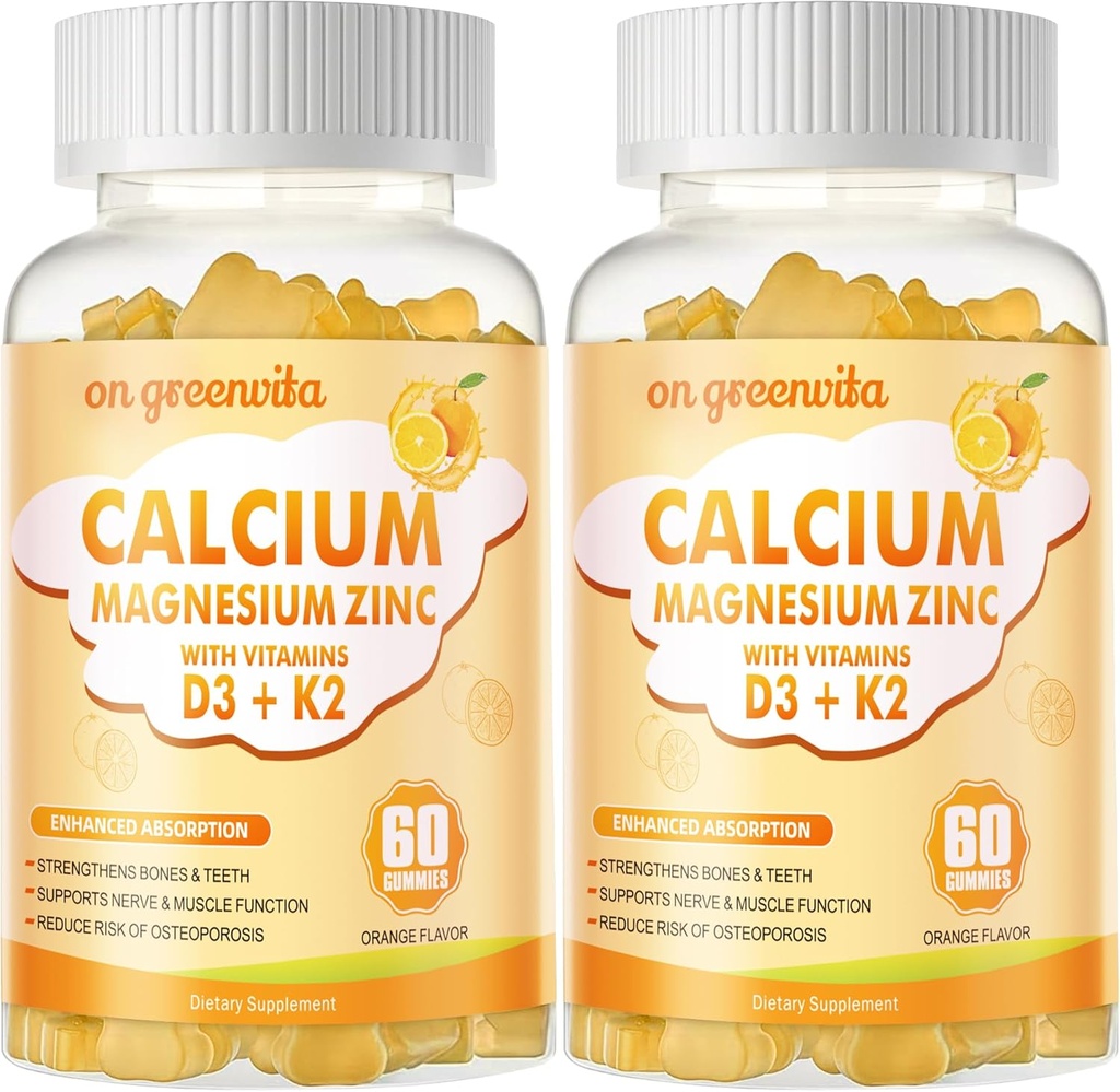 Kalsium magnesium sink gummer med vitamin D3 & K2 - høy styrke forbedret absorpsjon -120 oransje gummer flavored