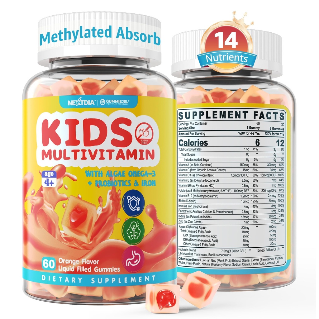 Kids Multivitamin Gummies med jern, sukkerfri, Kids daglige vitaminer + probiotika, Algae Omega 3 (EPA / DHA), A, C, D, Metyl B12, Folat, B6, sink, Biotin, for sunn vekst, immunsupport, 60 count