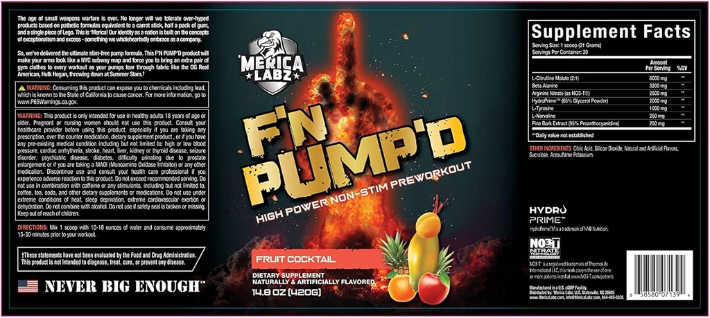 'Merica Labz F'N Pump 'D stimulant gratis, nitric oksid, full dosert, pumpe preworkout pulver (20 serveringer) (Fruit Cocktail)