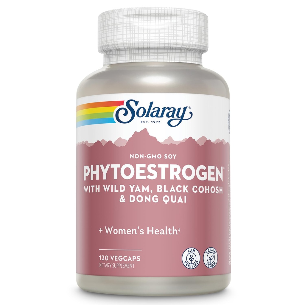 SOLARAY PhytoEstrogen Menopause Kosttilskudd - Wild Yam, Black Cohosh, og Dong Quai Estrogen piller for kvinners helse - Vegan, Lab verifisert, 60-dagers garanti (30 Services, 120 Vegkaps)