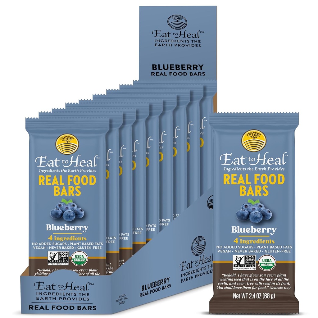 EatToHeal Blueberry Real Food Bar - økologiske proteinbarer, vegansk mat, sunn Glutenfri proteinmat - lav sukkerproteinbarer, ikke GMO, aldri bakt, plantebaserte organiske snacks - laget for å nyte