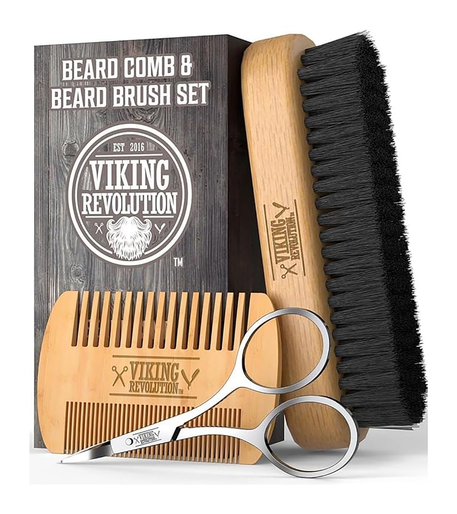 Vikingrevolusjon Beard Comb & Beard børstesett for menn -- Naturlig Boar Bristle børste og dobbel handling Pear Wood Comb w / Velvet reisepouch - Flott for Grooming Skjegg og Mustaches