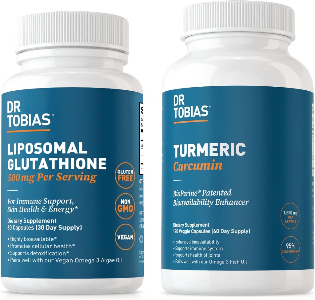 Dr. Tobias Turmeric Curcumin og Liposomal Glutathione - Støtter felles helse, immunfunksjon og hudvitalitet - Vegan, ikke-GMO