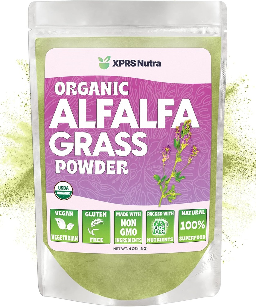 XPRS Nutra Organic Alfafa pulver - Premium Vegan Supplement rik på kalsium, antioksidanter, vitaminer - Farmer Alfalfa Supplement for barn og voksne - Veganvennlig sunn blad (4 Ounce)