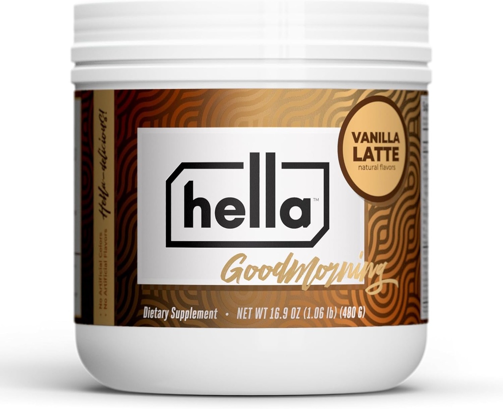 Hella Ernæring Godmorning Kaffe Alternativ Naturlig Koffein med Mushroom Kaffe Substitut ® Protein, Kollagen, Vitaminer B-12 & D, Electrolyter, & Mineraler ® Ikke GMO (20 Serveringer, Vanilla Latte)