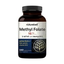NatureBell Metyl Folat 15 mg - 240 kapsler - 5-MTHF med Metyl B12-15 mg L-metylfolat & 1000mcg vitamin B12 - Energi og kognitiv støtte Supplement* - Glutenfri og ikke-GMO