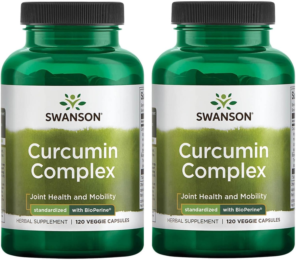 Swanson Curcumin Complex - Herbal Supplement som støtter felles helse, mobilitet og fysisk funksjon - Standardisert med BioPerine for maksimal absorpsjon - (120 Veggie Capsules) (2 Pack)