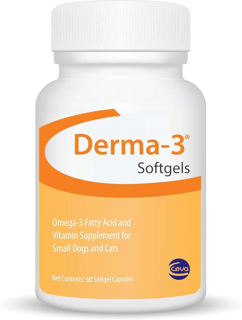 Ceva Derma-3 Softgels, Omega-3 fettsyre og vitamin Supplement for små hunder + katter (60 greve)